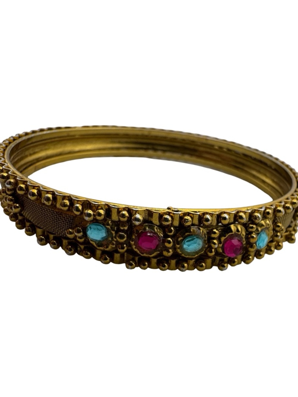 Vintage Gold Tone Indian Style Bangle Bracelet Set‎ Pink Blue Rhinestone 2.4”